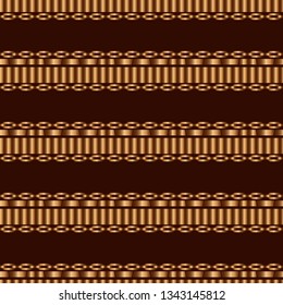 Art seamless pattern. Gold embroidery with chains on brown background. Color - gold, brown, beige. Vector geometric background. Can be used for social media, posters, email, print, ads designs.