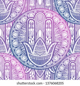 Art seamless pattern hamsa mandala. Ethnic abstract print. Colorful repeating background texture. Culture bohemian ornament.Vector illustration.