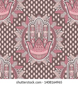 Art seamless pattern hamsa mandala. Ethnic abstract print. Colorful repeating background texture. Culture bohemian ornament.Vector illustration.