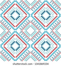 Art seamless pattern. Hey, Sailor! Color - blue, white, red. Vector geometric background. Can be used for social media, posters, email, print, ads designs.
