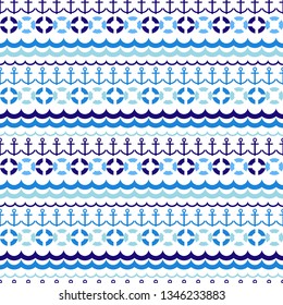 Art seamless pattern. Hey, Sailor! Blue sea waves. Color - blue, white. Vector geometric background. Can be used for social media, posters, email, print, ads designs.