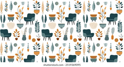 Art seamless pattern with interior with chair, plant in pot, vector illustration.
