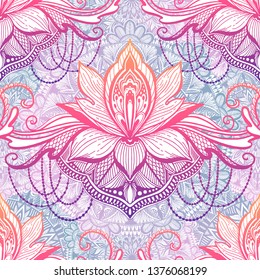 Art seamless pattern lotus flower mandala. Ethnic abstract print. Colorful repeating background texture. Culture bohemian ornament.Vector illustration.
