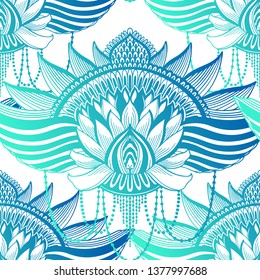 Art seamless pattern lotus flower mandala. Ethnic abstract print. Colorful repeating background texture. Culture bohemian ornament.Vector illustration.