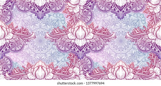 Art seamless pattern lotus flower mandala. Ethnic abstract print. Colorful repeating background texture. Culture bohemian ornament.Vector illustration.