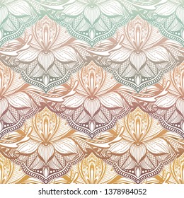 Art seamless pattern lotus flower mandala. Ethnic abstract print. Colorful repeating background texture. Culture bohemian ornament.Vector illustration.