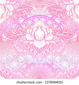 Art seamless pattern lotus flower mandala. Ethnic abstract print. Colorful repeating background texture. Culture bohemian ornament.Vector illustration.
