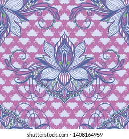Art seamless pattern lotus flower mandala. Ethnic abstract print. Colorful repeating background texture. Culture bohemian ornament.Vector illustration.