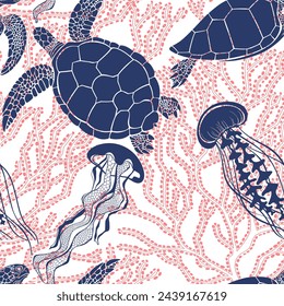  Art seamless pattern on the marine theme with turtles, jellyfish, corals on white. Vector. Perfect for design templates, wallpaper, wrapping, fabric, print and textile.