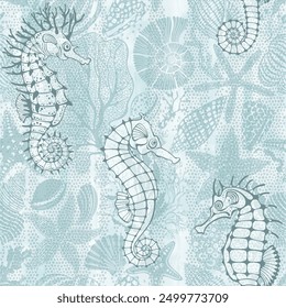 Patrón inconsútil del arte en el tema marino con los caballitos de mar, plantas submarinas, estrellas de mar, conchas de mar en fondo azul de la acuarela. Vector. Perfecto para Plantillas de diseño, Fondo de pantalla, envoltura, tela, impresión.