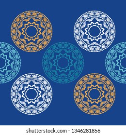 Art seamless pattern. Polka dots. Color - blue, beige, white. Ethnic print. Boho. Traditional ornament. Folk motif. Can be used for social media, posters, email, print, ads designs.