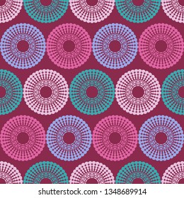 Art seamless pattern. Polka dots. Color - dark red, pink, lilac, emerald. Ethnic print. Boho. Traditional ornament. Folk motif. Can be used for social media, posters, email, print, ads designs.