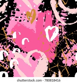 Art seamless pattern with shabby chic hearts, rough brush strokes, doodles on background. Hand painted vector illustration for romantic design such as Valentine's day.