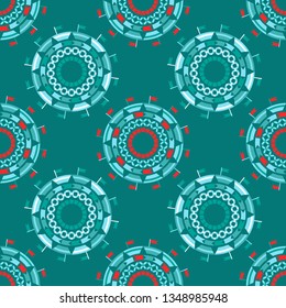 Art seamless pattern. A ship with a flag and a lifeline in the emerald sea. Polka dots.Color - emerald, green, red. Vector geometric background. Can be used for social media, posters, email, print.