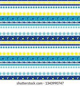 Art seamless pattern. Space sky with moon and stars. Color - blue, yellow. Vector geometric background. Can be used for social media, posters, email, print, ads designs.