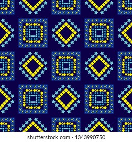 Art seamless pattern. Space sky with moon and stars. Color - blue, yellow. Vector geometric background. Can be used for social media, posters, email, print, ads designs.