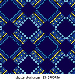 Art seamless pattern. Space sky with moon and stars. Color - blue, yellow. Vector geometric background. Can be used for social media, posters, email, print, ads designs.