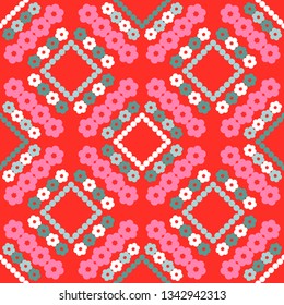 Art seamless pattern. Spring flowers! Color - pink, red, green, white. Vector geometric background. Can be used for social media, posters, email, print, ads designs.