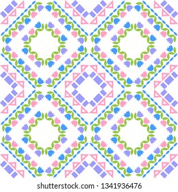 Art seamless pattern. Spring lawn with Bells. Color-lilac, blue, pink, green, white. Vector geometric background. Can be used for social media, posters, email, print, ads designs.