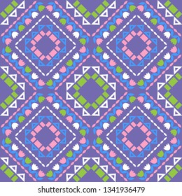 Art seamless pattern. Spring lawn with Bells. Color-lilac, blue, pink, green, white. Vector geometric background. Can be used for social media, posters, email, print, ads designs.