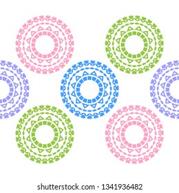 Art seamless pattern. Spring lawn with Bells. Polka dots. Color-lilac, blue, pink, green, white. Vector geometric background. Can be used for social media, posters, email, print, ads designs.