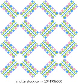 Art seamless pattern. Spring lawn with Bells. Color-lilac, blue, pink, green, white. Vector geometric background. Can be used for social media, posters, email, print, ads designs.
