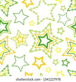 Art seamless pattern. It's spring. Stars. Color - green, yellow, white. Vector geometric background. Can be used for social media, posters, email, print, ads designs.