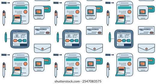 Art seamless pattern with stylized icons of electronic devices, smartphones, tablets, in a modern flat style