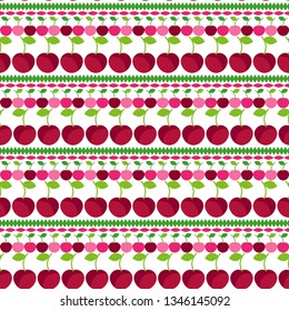 Art seamless pattern. Summer cherry orchard. Color - cherry, pink, green. Vector geometric background. Can be used for social media, posters, email, print, ads designs.