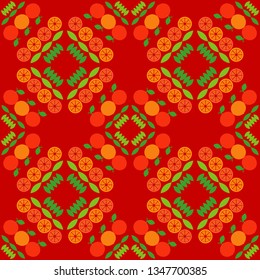 Art seamless pattern. Summer garden with oranges. Color - orange, green. Vector geometric background. Can be used for social media, posters, email, print, ads designs.