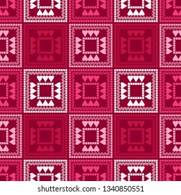 Art seamless pattern. Valentine's day. Color - red, pink, white. Ethnic print. Boho. Traditional ornament. Folk motif. Can be used for social media, posters, email, print, ads designs.