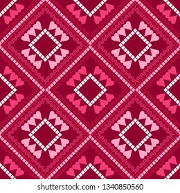 Art seamless pattern. Valentine's day. Color - red, pink, white. Ethnic print. Boho. Traditional ornament. Folk motif. Can be used for social media, posters, email, print, ads designs.