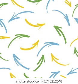 art seamless pattern. vector multicolored smoothly curved arrows and rings are randomly located.