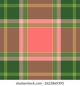 Art seamless textile texture, herringbone vector tartan check. Reel plaid fabric background pattern in green and red colors palette.