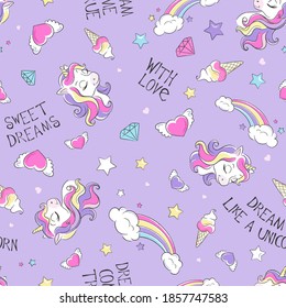 Art. Seamless unicorn pattern on a purple background. Drawing for kids clothes or fabrics.