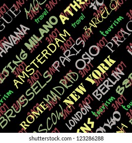 art seamless vector pattern background with love to Moscow, Paris, Milan, Berlin, London, Tokyo, Barcelona, Prague, Brussels, Amsterdam, Havana, Madrid, New York