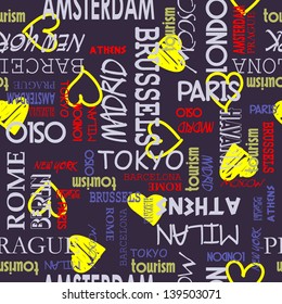 art seamless vector pattern background with love to Moscow, Paris, Milan, Berlin, London, Tokyo, Barcelona, Prague, Brussels, Amsterdam, Havana, Madrid, New York
