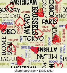 art seamless vector pattern background with love to Moscow, Paris, Milan, Berlin, London, Tokyo, Barcelona, Prague, Brussels, Amsterdam, Havana, Madrid, New York