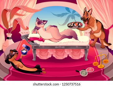 The art of seduction. Funny cartoon vector illustration representing a kitty surrounded by suitor dogs, completely  bewitched by her charm.