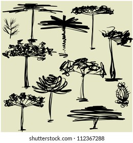 art set #1 of  sketching vector trees. pine symbols