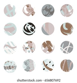 Art Set of 16 hand drawn circles, modern elements of vector design: frame, interior design, website development. Art round objects isolated on white background.
