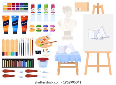 Art set. Collection of colored paints, pencils, brushes, easel, bust.