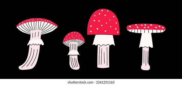 Art set of different fly agarics in the style of hand drawing. Poster, background or icon collection. Vector illustration