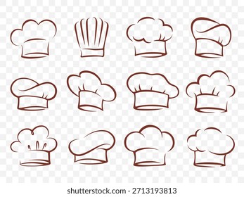 Conjunto de arte de doodle aislado dibujo chef y cocinero sombreros siluetas sobre fondo blanco