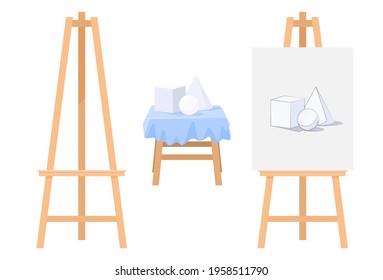 Art set. Easel with canvas, composition on drapery. Vector illustration