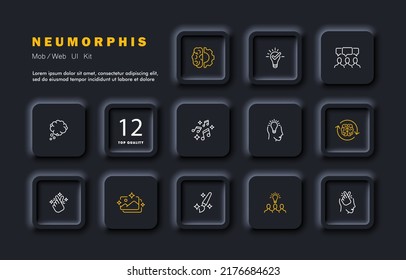 Art set icon. Music, note, draw, paint, star, light bulb, thought, brain, arrows, mind, mental, picture, magic. Creative occupation concept. Neomorphism. Vector line icon for Business and Advertising.