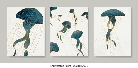 Art set of luxury prints with blue jellyfish hand drawn in gold art line style. Animal background in a watercolor style for decoration, print, wallpaper, textile, interior design.