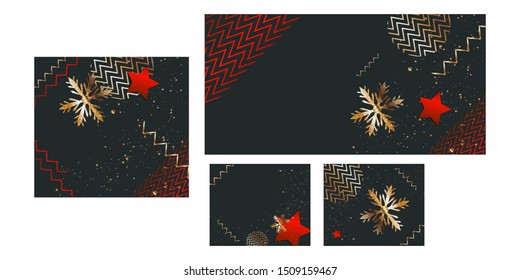 Art set Merry Christmas gold frame vector elegant on dark green banner design of sparkling lights