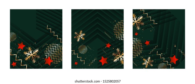 Art set Merry Christmas gold frame vector elegant on dark green banner design of sparkling lights