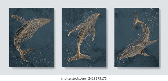 Art set with posters with watercolor texture with whales in golden line art style. Animalistic vector background for wallpaper, packaging, interior design, textiles.